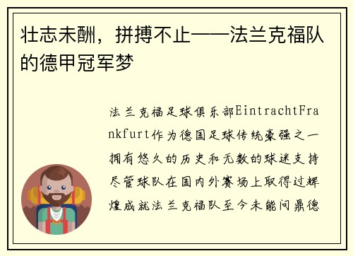 壮志未酬，拼搏不止——法兰克福队的德甲冠军梦